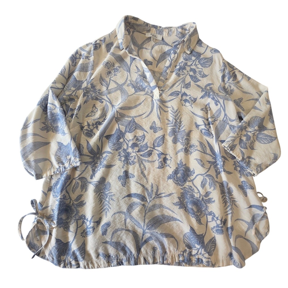 C by One Floral Split Neck Blouse 3/4 Sleeve 2X Blue Cream Coastal Boho‎ Spring
